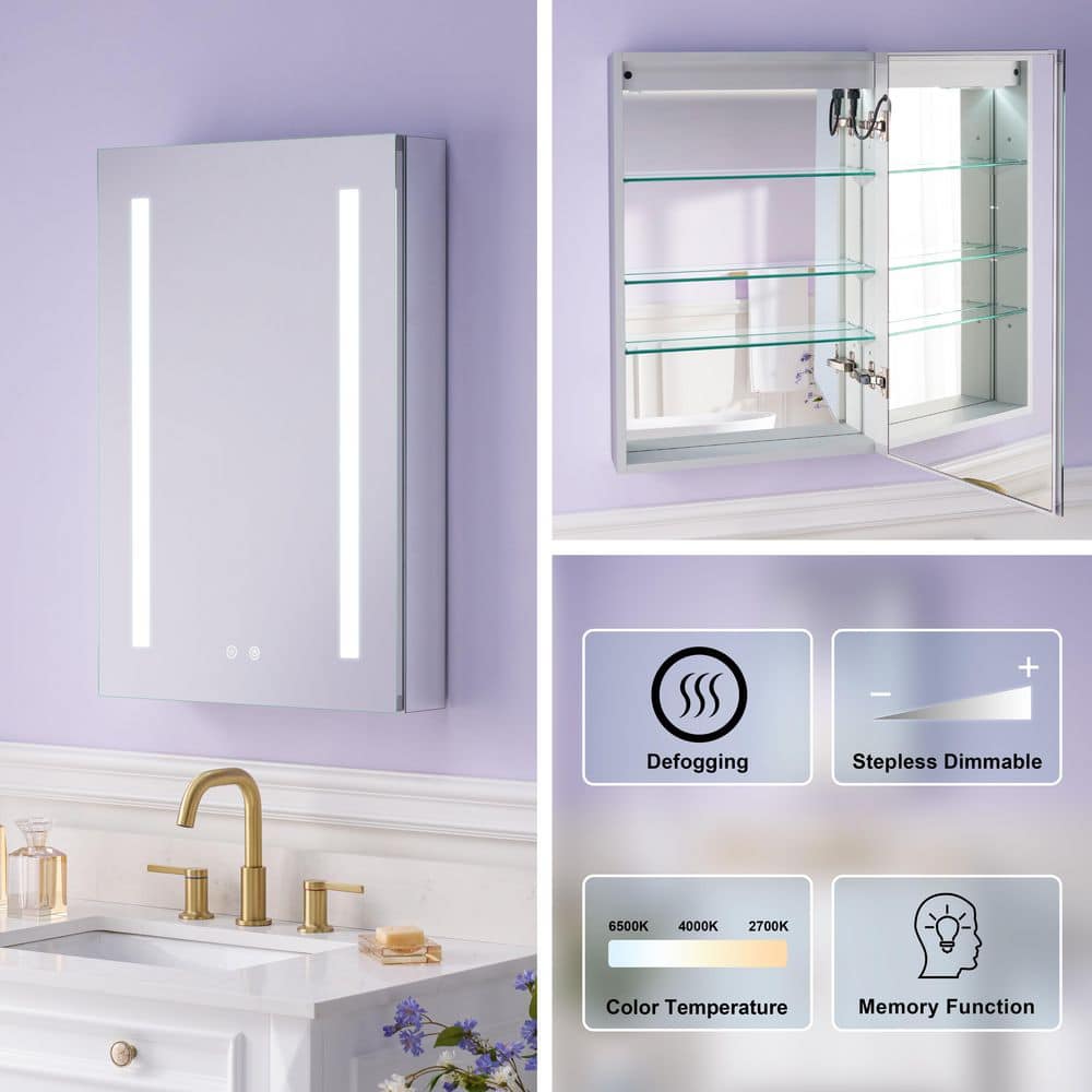 20 in. W x 30 in. H Rectangular Aluminum Recessed or Surface Mount Medicine Cabinet with Mirror,LED Lights,Defog,3 Shelf price history on PriceWatchPro