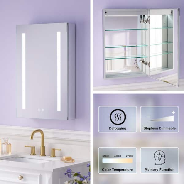 20 in. W x 30 in. H Rectangular Aluminum Recessed or Surface Mount Medicine Cabinet with Mirror,LED Lights,Defog,3 Shelf