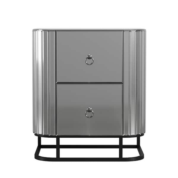 URTR 2-Drawer Gray Mirrored Nightstand Strip Mirror Iron End Table for Bedroom 19.69 in. L x 13.78 in. W x 23.23 in. H