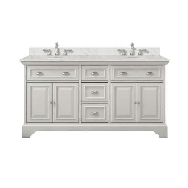 Sadie 67 in. Double Sink Matte Pearl Bath Vanity with Lightly Veined White Marble Top (Assembled)