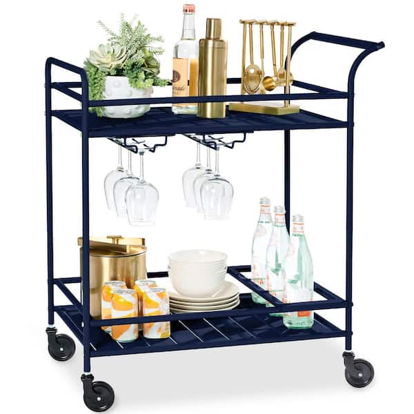 Best Choice Products 2-Tier Navy Outdoor/Indoor Metal Bar Serving Cart with Storage Shelves and Lockable Wheels
