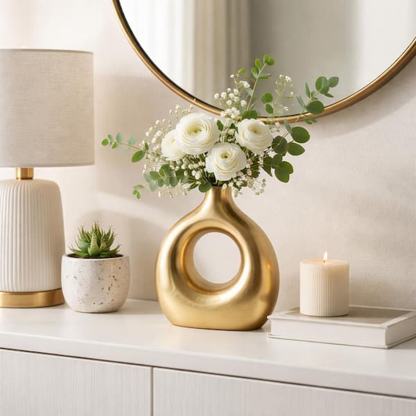 Liv & Skye 10 in. Gold Metal Round Modern Open Cut Decorative Vase 17945
