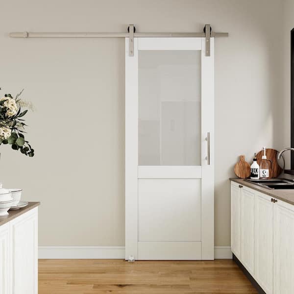 32 in. x 80 in. 1/2 Lite Tempered Frosted Glass White Primed MDF Sliding Barn Door with Hardware Kit Nickel Plat