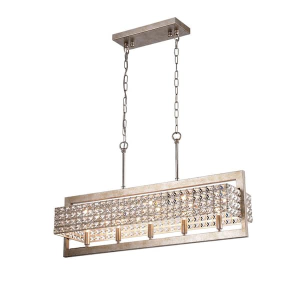 GREENVILLE SIGNATURE Meiken 5-Light Beaded Rectangular Chandelier for Dining/Living Room, Kitchen Island - Antique Silver