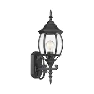 7 in. W x 18 in. H 1-Light Black Hardwire Outdoor Wall Sconce Lantern with Clear Beveled Glass