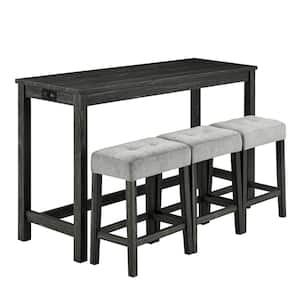 4-Piece Black MDF Wood Rectangular Outdoor Dining Set with Gray Cushions