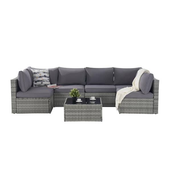 Unbranded Gray 7-Piece Wicker Outdoor Sectional Set Patio Funiture Set Sofa Set with Gray Cushions and Coffee Table