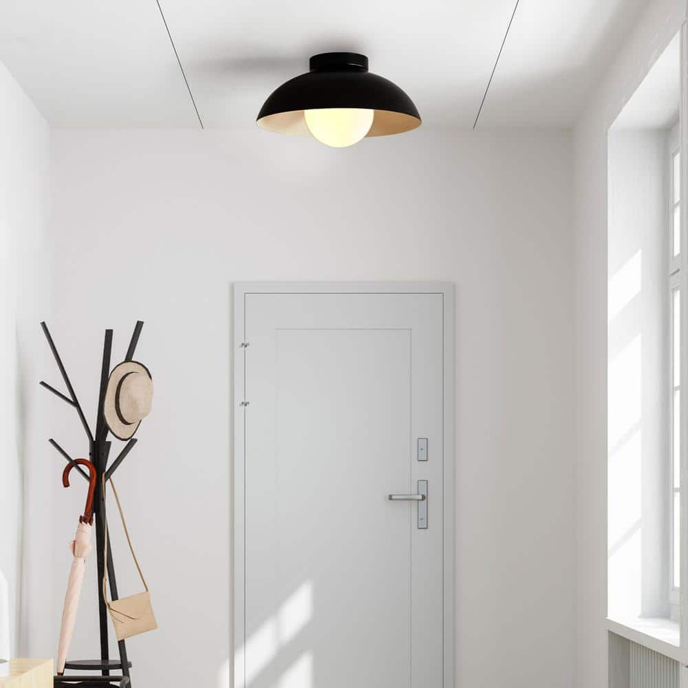Matte Black and Milk Glass Dome Flush Mount Ceiling Light