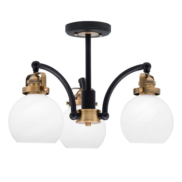 Unbranded Decatur 16 in. 3-Light Black and Brass Semi-Flush with 5.75 in. White Marble Glass Shade No Bulbs Included