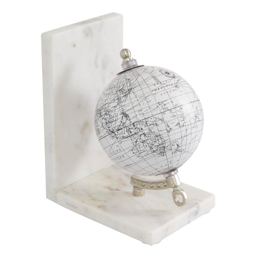 White Marble Globe Bookends with Silver Metal Accents, Set of 2