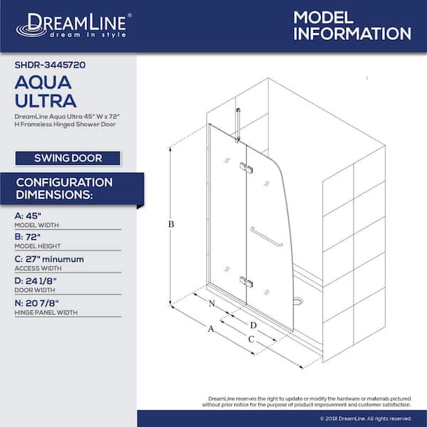 Aqua Ultra 45 in. x 72 in. Semi-Frameless Hinged Shower Door in Chrome