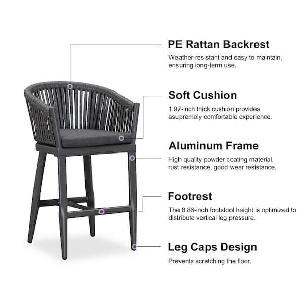 Modern Aluminum PE Rattan Counter Height Outdoor Bar Stool with Back and Grey Cushion (4-Pack)