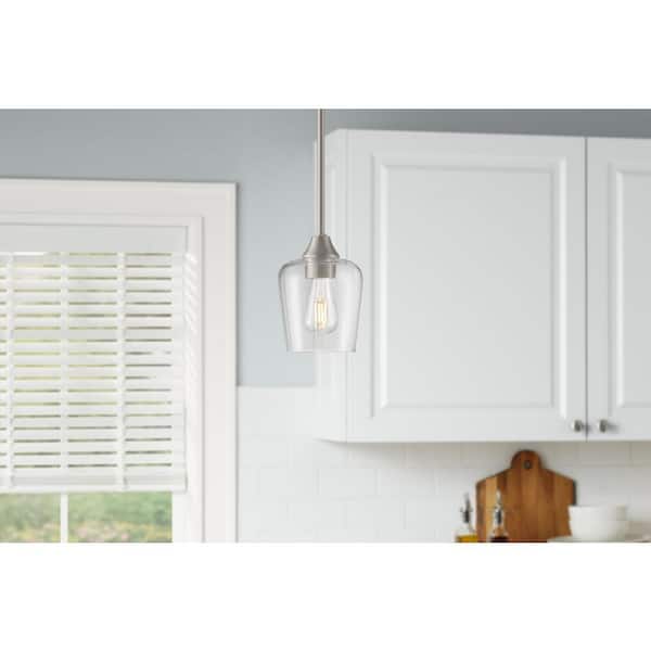 Hampton Bay Pavlen 1-Light Brushed Nickel Contemporary Hanging Mini Pendant with Clear Glass Shade