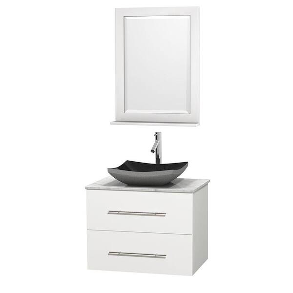 Wyndham Collection Centra 30 in. Vanity in White with Marble Vanity Top in Carrara White, Black Granite Sink and 24 in. Mirror