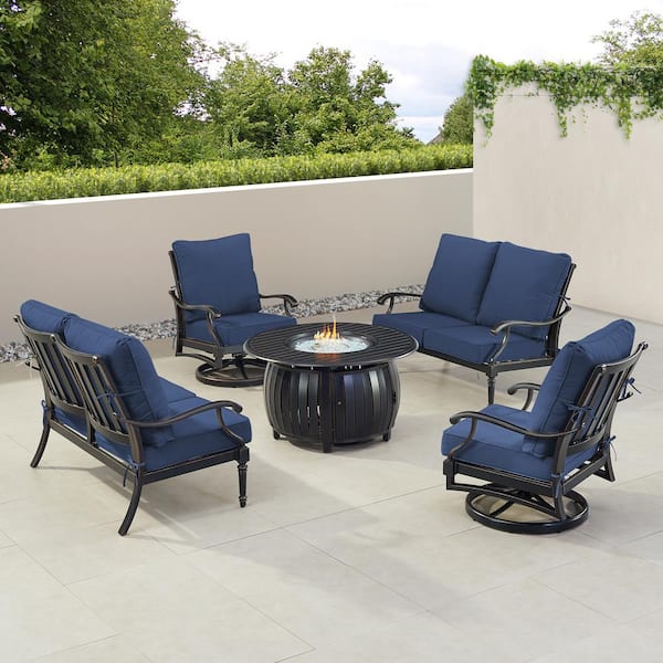 Oakland Living Black 5-Piece Aluminum Patio Fire Pit Set with Blue Cushions