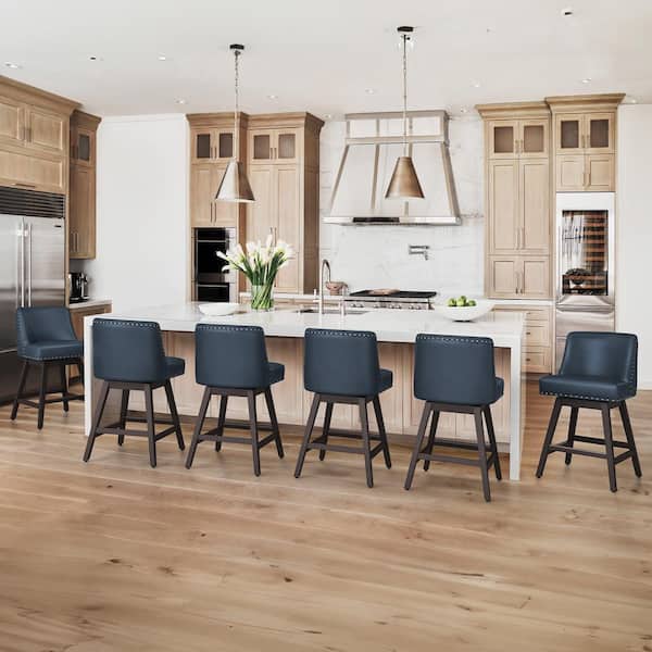 OrangeOne 26 in. Wood 360 Free Swivel Upholstered Bar Stool with Back, Performance Faux Leather in Navy Blue Set of 6