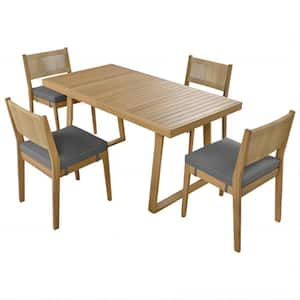 5-Piece Acacia Wood Outdoor Dining Table and Chair Set with Gray thick Cushions suitable for Vourtyard and Garden