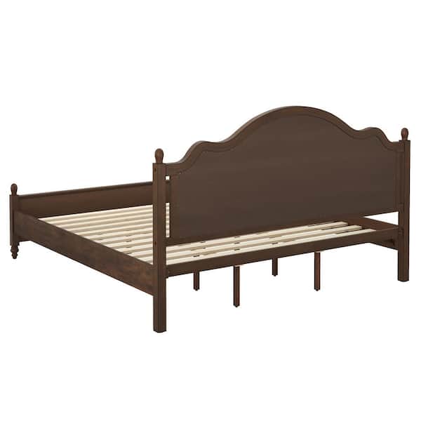 Aubel Dark Walnut Brown Mid-Century Solid Wood Frame King Size Platform Bed with Herringbone-Inspired Pattern Headboard