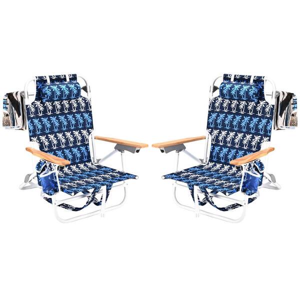 Unbranded 13 in. H 2-Pieces Blue and Black Aluminium Folding 5-Position Backpack Beach Chairs with Pouch and 2-Beach Towels
