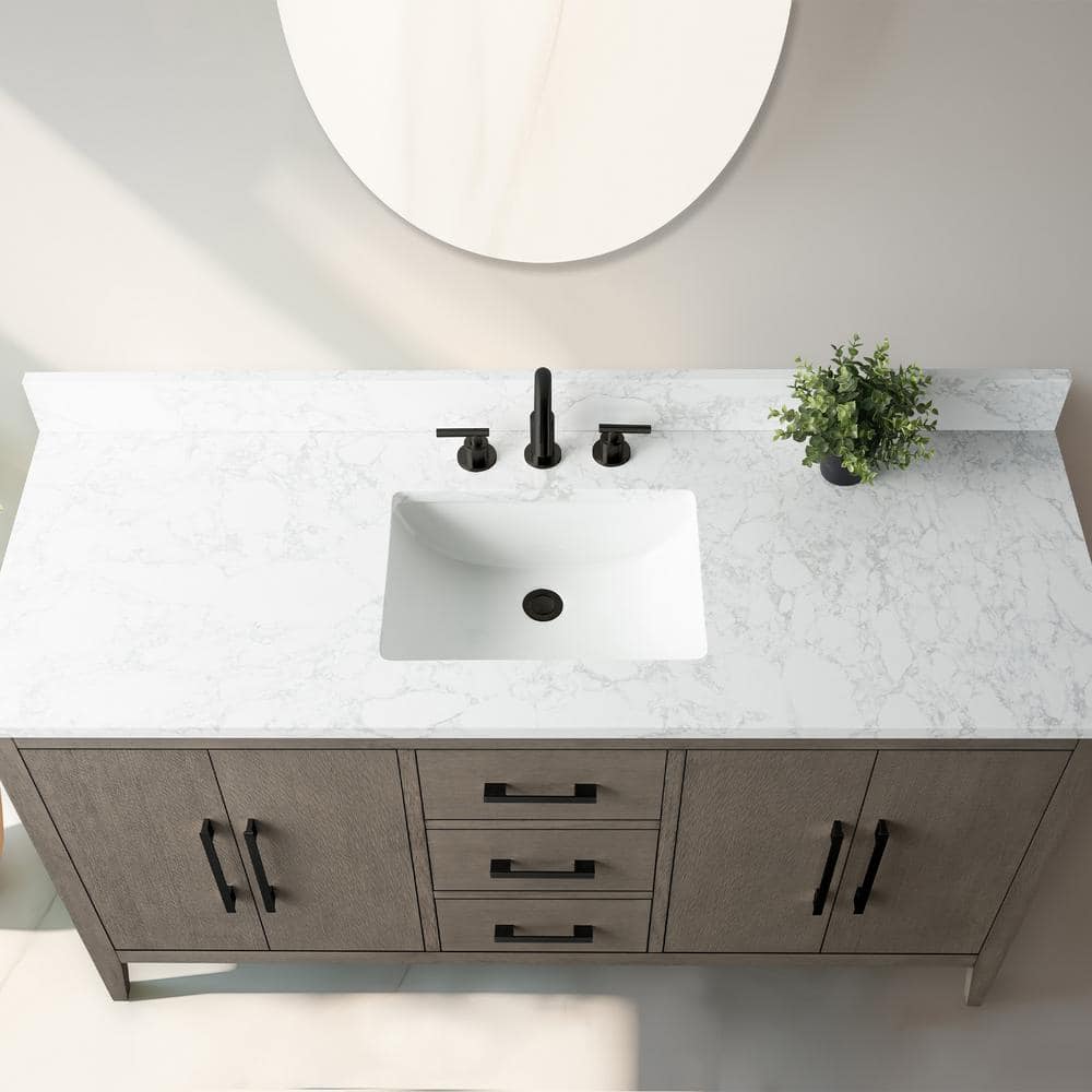 60'' Driftwood Gray MDF Single Sink Freestanding Bathroom Vanity with Engineered Marble Top