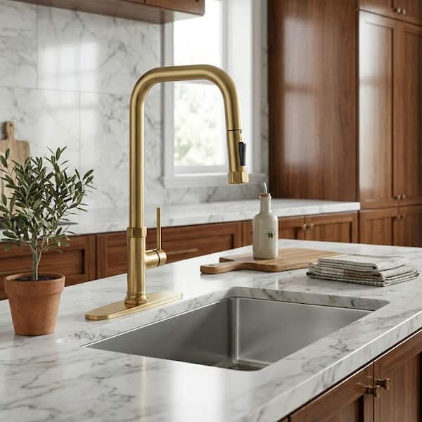 Single Handle Pull Down Sprayer Kitchen Faucet with 2-Mode Sprayer in Brushed Gold