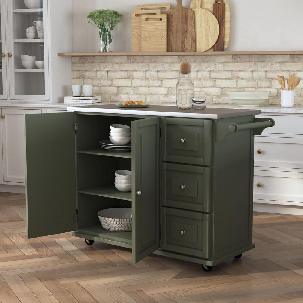 Sage Green Stainless Steel Top Kitchen Cart with Storage