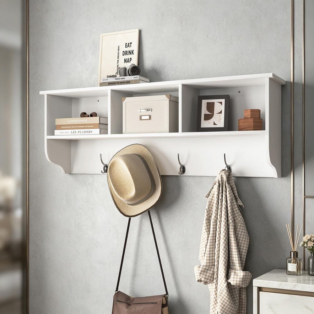 Tahanbath White Entryway Wall Mounted Coat Rack with 4-Dual Hooks