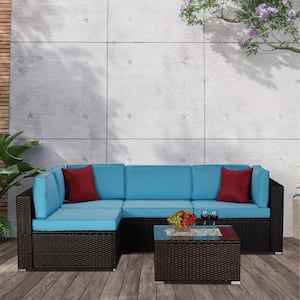 Brown 5-Piece PE Wicker Patio Conversation Sectional Set with Blue Cushions and Red Pillows Outdoor Furniture Sets