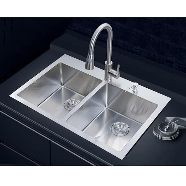 stufurhome - NationalWare Drop-in Stainless Steel 33 in. 2-Hole Double Bowl Kitchen Sink in Stainless Steel