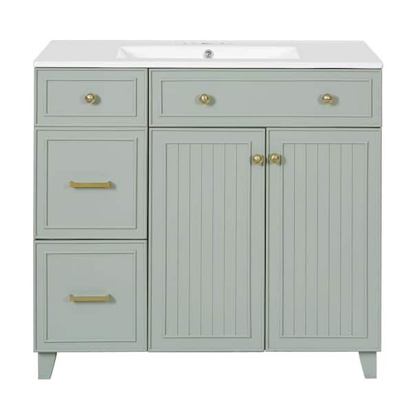 36 in. Single-Sink Free-Standing Green Bath Vanity with White Ceramic Top and Soft Close Doors, Adjustable Shelves