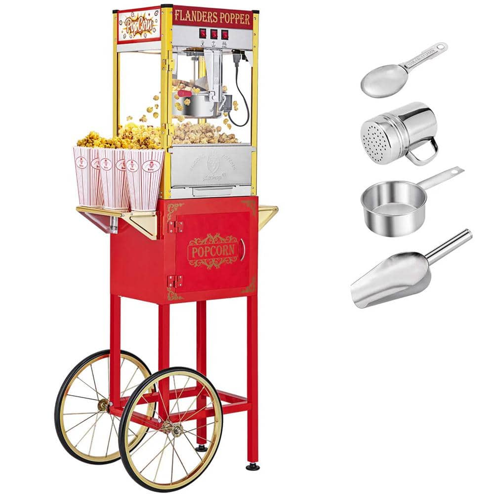 850-Watt 8 oz. Red Popcorn Machine Cart with Wheels