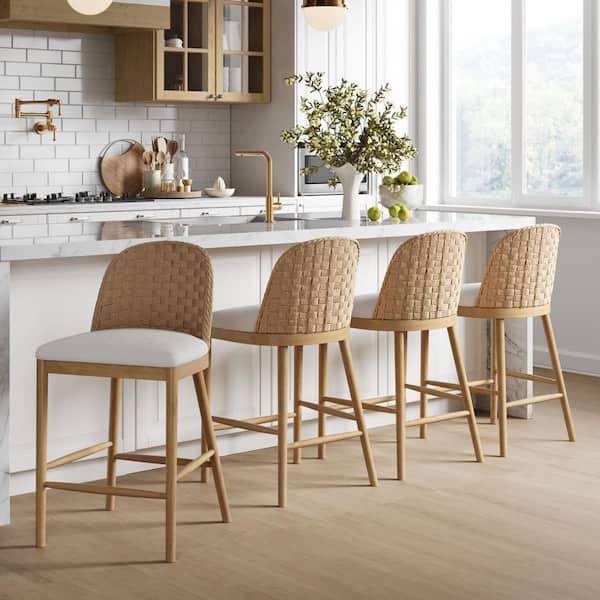Rikki Light Brown Solid Wood Seagrass Bar Stool with Back, Cream Boucle Counter Stool with Upholstered Seat, (4-Pack)