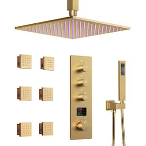 Smart LED And Temp with Valve 7-Spray Ceiling Mount 12 in. Fixed and Handheld Shower Head 2.5 GPM in Brushed Gold