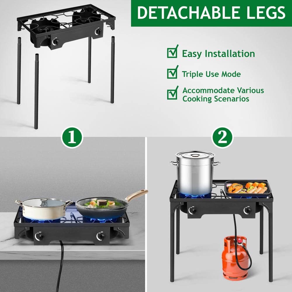 Black Cast Iron 2-Burner Outdoor Propane Gas Stove with Stand
