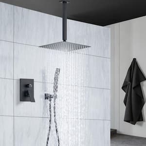 Ceiling Mounted 12 in. Shower Head 2-Handle 1-Spray Square High Pressure Shower Faucet in Black Color (Valve Included)