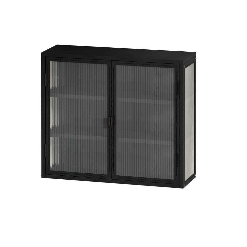 27.56 in. W x 9.06 in. D x 23.62 in. H Bathroom Storage Wall Cabinet in Black with 2 Glass Doors, Dark Gray