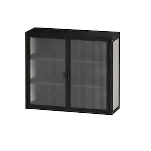 27.56 in. W x 9.06 in. D x 23.62 in. H Bathroom Storage Wall Cabinet in Black with 2 Glass Doors