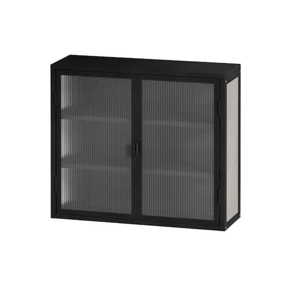 Unbranded 27.56 in. W x 9.06 in. D x 23.62 in. H Bathroom Storage Wall Cabinet in Black with 2 Glass Doors