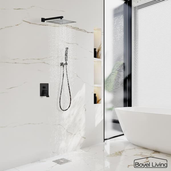 1-Spray Patterns with 2.5 GPM 12 in. Wall Mount Dual Shower Heads with Pressure Balance Valve in Matte Black