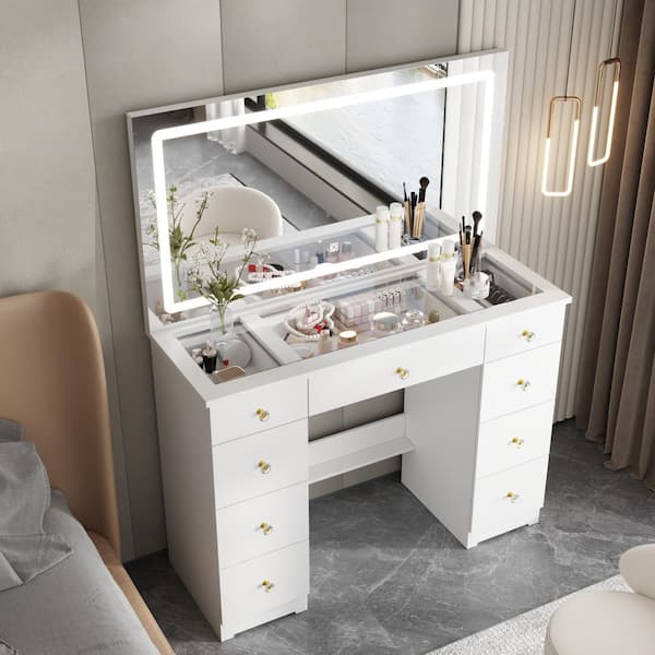 White Makeup Vanity Desk 9-Drawers Wood Dressing Table with Big Lighted Mirror, Glass Top, Crystal Handles