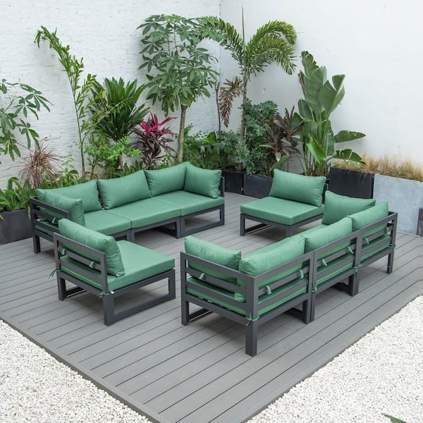 Leisuremod Chelsea Black 8-Piece Aluminum Outdoor Sectional with Green Cushions