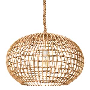 Woven Roots 1-Light Brown Round Wicker Pendant with Thick Rope Cord
