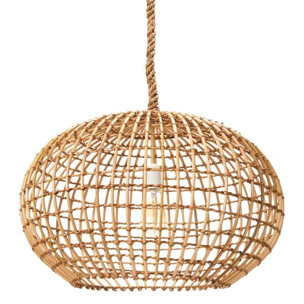 Storied Home Woven Roots 1-Light Brown Round Wicker Pendant with Thick Rope Cord