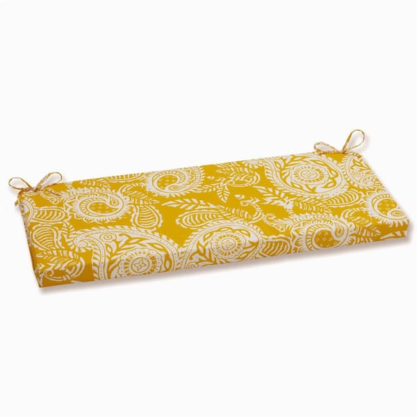 Pillow Perfect Paisley Rectangular Outdoor Bench Cushion in Yellow/Ivory Addie