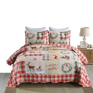 B021 Christmas 3-Piece Red/Multi Snowman Polyester Queen Size Christmas Quilt Set