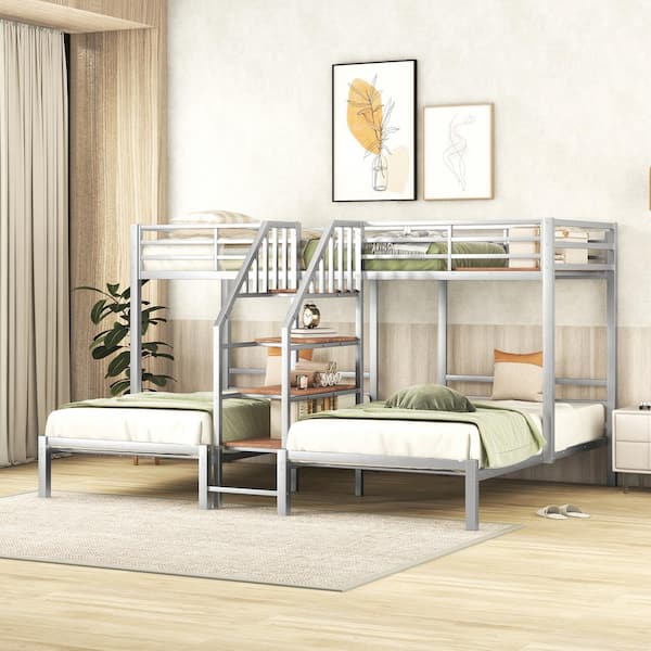 Silver Metal Twin Over Twin and Twin Bunk Bed, Triple Bunk Bed with Storage Shelves Staircase