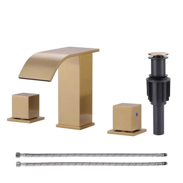 AVITAS 8 in. Widespread Double Knob Waterfall Bathroom Faucet with Pop-Up Drain in Spot Resist Brushed Gold