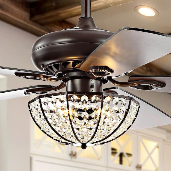 JONATHAN Y Joanna 52 in. Oil Rubbed Bronze 3-Light Bronze Crystal LED Ceiling Fan with Light and Remote