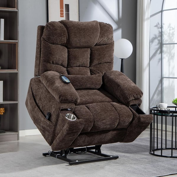 Flagship Dual Motor 26 in. Oversized Brown Chenille Power Lift Recliner Chair w/ Hidden Cup Holder and Wireless Charging