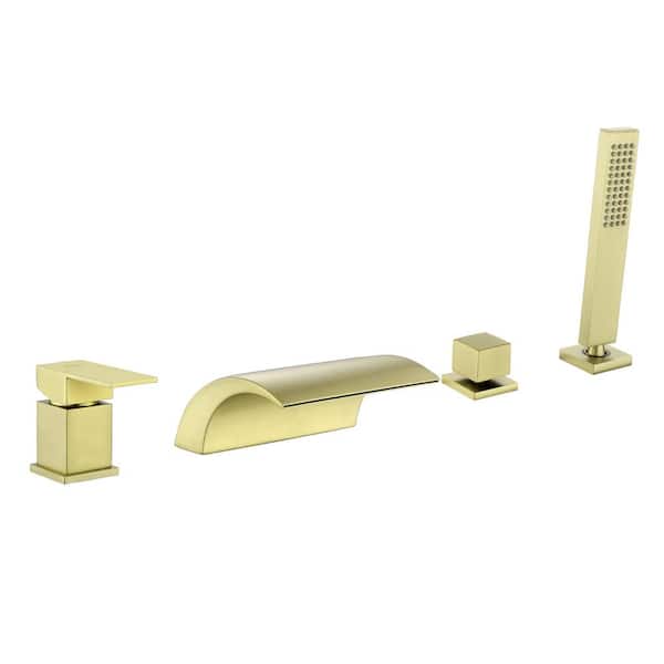 Boyel Living Single-Handle Tub Deck Mount Roman Tub Faucet with Hand Shower and Water Suply Hose in Brushed Gold